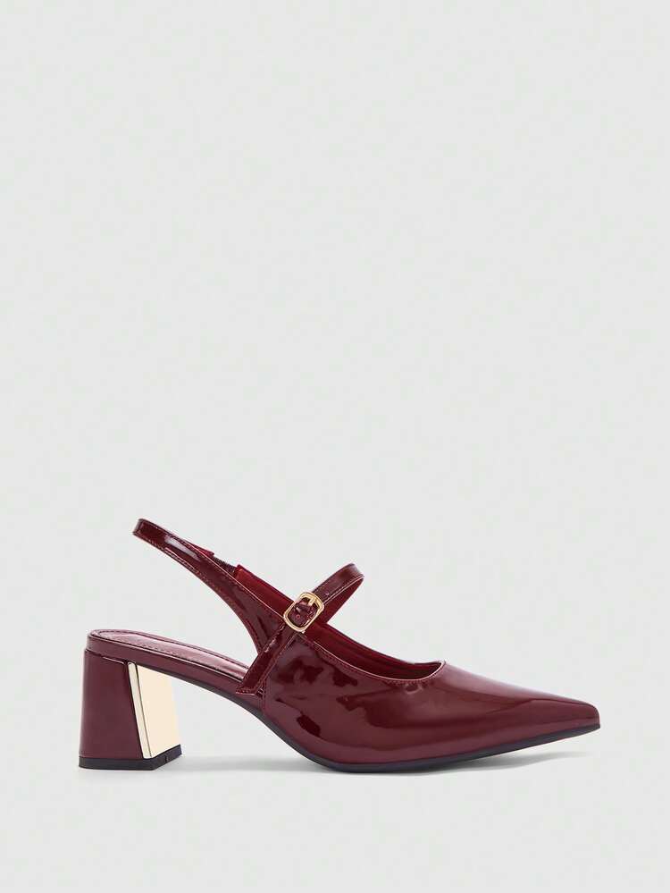 CUCCOO BIZCHIC Women Shoes Women's Pointed Thick Medium Heel Burgundy Mirror Slingback Women's High Heel Shoes Stylish And Comfortable Commuters Business Versatile Spring Shoes