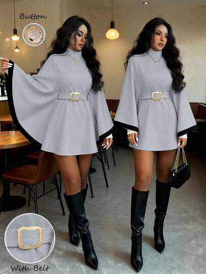 SHEIN Elenzya Women's Poncho Flare Sleeve Pullover Wool Blend Elegant Casual Street Commute Business Romantic Date Party Christmas, Autumn/Winter Apricot Wool Coat