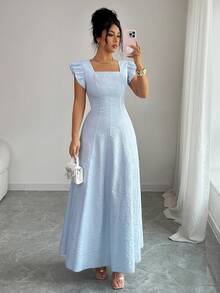 Elenzga 优雅都市时尚新款女士蓝色方领喇叭袖提花高腰长裙，适合日常穿着、婚礼、正式场合、通勤、毕业派对、假日、约会、聚会、万圣节、圣诞节、新年、感恩节等各种场合。 - 淺藍色 - 查看 3