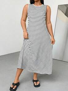 Shapeblank 大码女式夏季连衣裙、女式夏季连衣裙、女式度假连衣裙、女式夏季连衣裙、毕业礼服、商务休闲女式连衣裙、女式办公连衣裙、毕业礼服、新款时尚休闲通勤装、条纹无袖带口袋连衣裙、长款连衣裙、A字连衣裙、黑白条纹连衣裙、休闲连衣裙 - 黑與白 - 查看 4