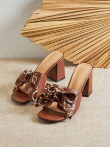 SHUZIA 女士简约时尚舒适缎带装饰圆头粗跟凉鞋 - 巧克力棕 - 查看 7