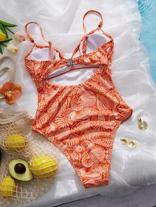 Swim Vcay Women's Random Seashell Print Beaded Drawstring Front One-Piece Swimsuit, Orange, Suitable For Summer Beach Vacation - Orange - View 6