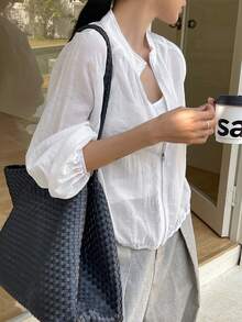 FRIFUL Women's Loose Fit Sheer Round Neck Long Sleeve Blouse - Apricot - View 2