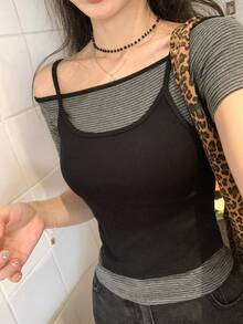 DAZY 女士叠层系带露背短袖T恤，时尚性感修身两件套百搭上衣 - 深灰色 - 查看 3