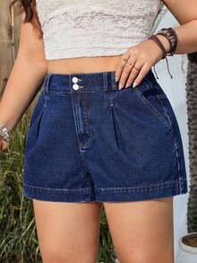 EMERY ROSE Plus Size Women Pocketed Pleated Loose Denim Shorts - Dark Wash - View 4