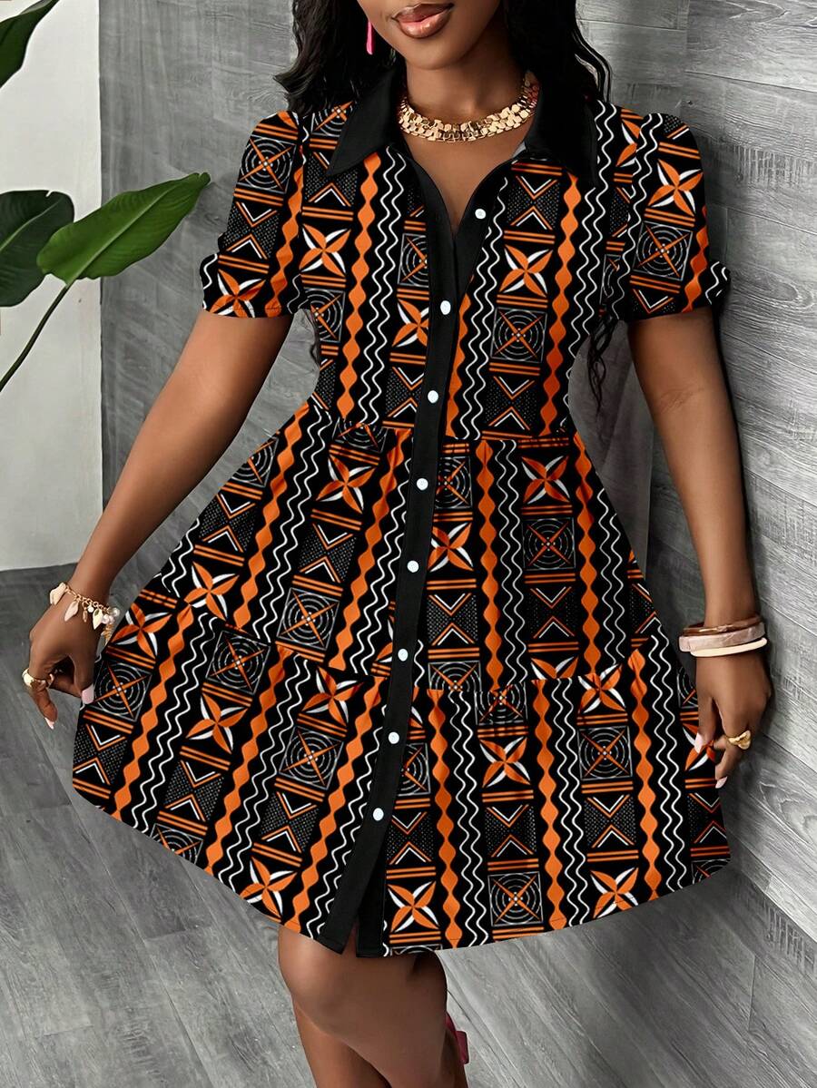 Slaydiva 春夏新款女士度假衬衫裙/休闲简约女士迷你衬衫裙/泡泡袖/A字裙/波西米亚风/女士太阳裙/度假/乡村风/穿搭/海滩/花卉图案 - 彩色 - 查看 1