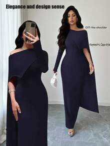 Elenzga Navy Blue Autumn Elegant Dining Asymmetric Shoulder Cape Style Long Dress,Chic Slim Fit One Off The Shoulder Lightweight Formal Gown For Women - Navy Blue - View 7