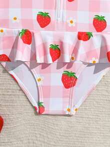 Baby Girls' Pink Strawberry Print Long Sleeve Ruffled Hem One-Piece Swimsuit - Pink - View 4