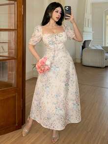 DAZY 女士优雅印花方领系腰中长连衣裙，夏季波西米亚风太阳裙，女士度假装扮 - 黃色 - 查看 10