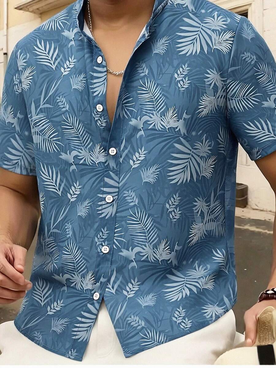 SHEIN Teen Boys' Summer Vibe Palm Tree Print Collared Short Sleeve Shirt, Casual, Comfortable, Fashionable, Versatile, Soft Fabric, Suitable For Daily Wear, School, Travel, Outdoor Activities, Music Festivals, Holidays, Beach Vacations, Summer Vibes, Festivals, Spring/Summer Summer Shirt Hawaii Shirt Beach Shirt - Blue - View 1