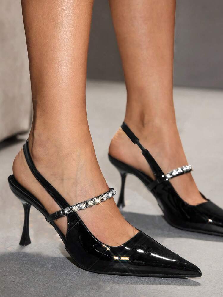 CUCCOO SZL Women's Pointed Toe Black Patent Leather Thin Heel Rhinestone Chain Strap Backless Sexy Fashion Date Night High Heels Spring Shoes