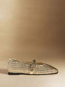 Rosivie 女士休闲编织方头舒适玛丽珍平底鞋 - 金色 - 查看 2