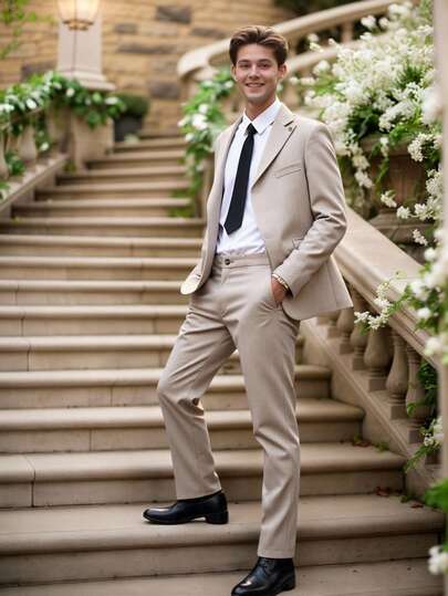 SHEIN Bộ vest lịch lãm 2 món dành cho thiếu niên nam, gồm áo blazer cài khuy đơn màu be và quần tây màu be, trang phục trang trọng cao cấp, phù hợp cho tiệc sinh nhật, dạ hội, đám cưới, lễ tốt nghiệp.