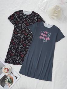 2pcs Girls Knit Printed Short Sleeve Nightgown Pajama Set, Spring/Summer - Multicolor - View 1