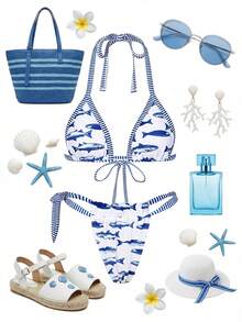 Swim Vcay 女士新款鱼纹条纹饰边V领露背吊带三角比基尼上衣和比基尼下装两件式泳衣，春夏款 - 彩色 - 查看 1