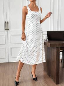 Editum Vestido de punto elástico con cuello cuadrado, sin mangas, con lunares blanco y negro, cintura ceñida, botones de perla, bajo en línea A, elegante para uso diario, ir al trabajo, primavera/verano - Blanco y Negro - Ver 3