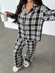 SHEIN PETITE Dames Nachtmode Pyjama Set Check Twill Loungewear Women Plaid Two Piece Set Shirt And Pants Set - Apricot - View 8