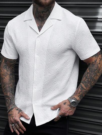Manfinity CasualCool Men's Solid Color Jacquard Knit Short Sleeve Shirt,Men Old Money,Daily Leisure, Weekend Trips, Outdoor Activities, Travel Expeditions, Relaxed Work Environments Or Semi-Formal Occasions, Boyfriend/Husband Gift, Anniversary /Birthday Gift Party Summer Vacation Holiday,Wedding,Spring To Summer,Mardi Gras,Mens Elegant White Embossed Geometric Pattern Short Sleeve Polo Shirt Revere Collar Beach Shirt Casual Wear,Men's Textured Shirt,White Short Sleeve Shirt Men,White Men's Shirt,Men's Graphic Shirt,Men's Patterned Shirt