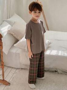 Dazy Kids 2pcs/Set Young Boys Round Neck Knit Short Sleeve T-Shirt + Woven Plaid Pants Casual Outfit, Spring/Summer - Brown - View 3