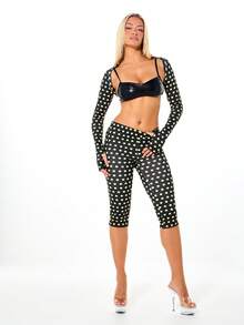 SUMWON WOMEN Polka Dot Print Long Sleeve Crop Shrug Open Front Cardigan With Bandeau Bustier Detail Fall Winter Fashion Top - Black - View 3