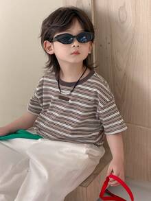 DAZY 男童条纹圆领休闲百搭日常短袖T恤 - 灰色 - 查看 2