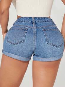 Rivivi Plus Size Summer Casual Washed Distressed Slim Fit Denim Shorts - Blue - View 2