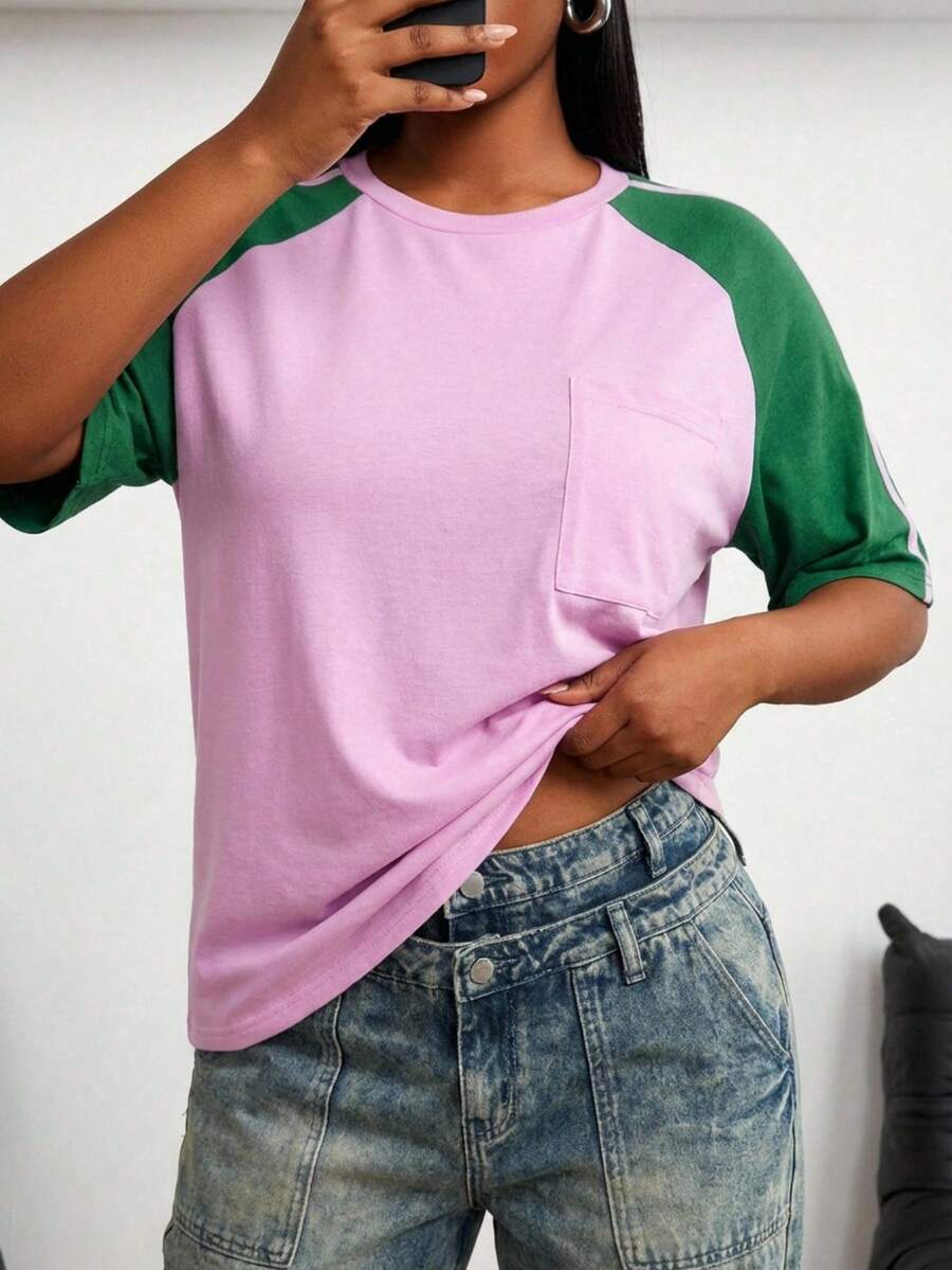 SHEIN SXY Áo thun nữ cỡ lớn cổ tròn tay raglan phối màu tương phản dáng rộng thoải mái - Nhiều màu - Xem 1