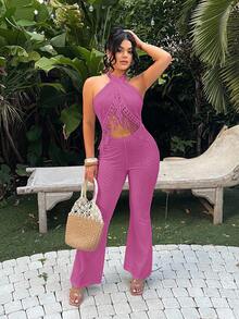SHEIN SXY 女士露背吊带镂空性感连体裤，适合约会、度假和外出。 - 粉色 - 查看 6