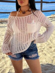 SHEIN Women's Lightweight Open Knit Long Sleeve Sweater With Vertical Rib Texture And Chest Pocket, Breathable Summer Layering Top For European Casual Style - White - View 5