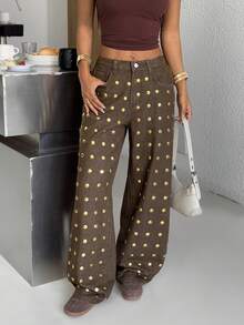 SHEIN PETITE 春夏女式派对Y2K音乐节牛仔裤，闪亮金箔设计，低腰阔腿棕色牛仔裤 - 棕色 - 查看 6