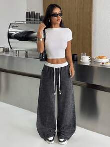 SHEIN PETITE Quần jeans nữ dáng rộng, thoải mái, phong cách đường phố Y2K, phối đen trắng, thiết kế tương phản, dây rút eo, túi ống rộng, màu đen, thích hợp mặc hàng ngày từ xuân đến hè. - màu đen - Xem 7