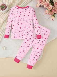 2件套女童可爱咖啡杯卡通图案长裤，心形夜光印花针织弹力柔软舒适长袖打底裤，粉色睡衣套装 - 彩色 - 查看 2