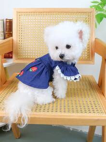 PETSIN 1件猫狗通用服装，草莓蓝刺绣蕾丝袖连衣裙，带牵引环，宠物春季公主裙 - 藍色 - 查看 5