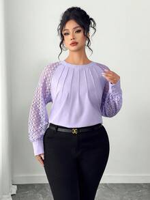 Elenzga Plus Size Women Casual Round Neck Lace Patchwork Long Sleeve Solid Color T-Shirt - Purple - View 4