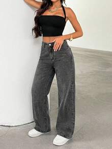 SHEIN Cottnline Women's Loose Casual Everyday Versatile Jeans With Pockets And Buttons - Light Grey - View 3