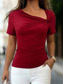Franclia Women's Burgundy Ruched Waist Fitted Casual Everyday Commute Outing Afternoon Tea Date Short Sleeve Top, Spring/Summer - Burgundy - View 3