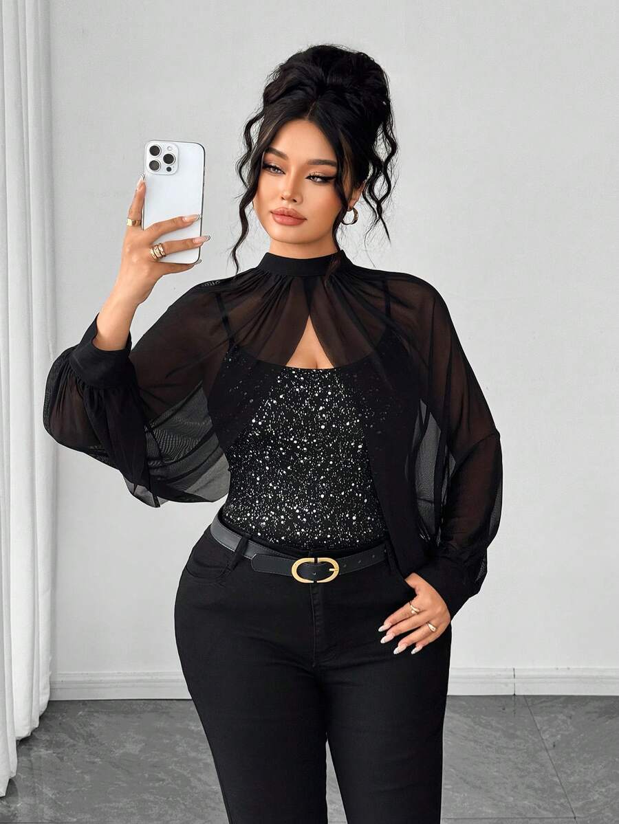 Elenzga Áo hai dây nữ thời trang đính sequin, thiết kế cổ đứng, phối cùng khăn choàng lưới và dây đeo mỏng, áo thun sequin thanh lịch, thích hợp cho các buổi tiệc mùa xuân/thu/đông, hẹn hò, Giáng sinh, Halloween, Ngày lễ tình nhân, Năm mới và các ngày lễ khác. - màu đen - Xem 1