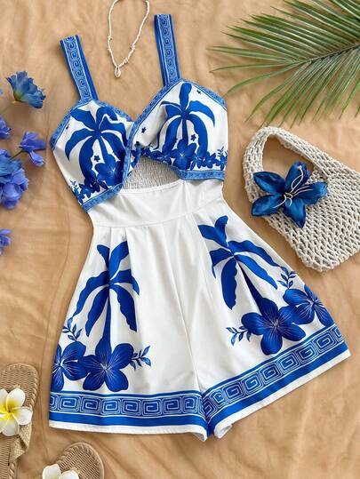 Soleia Mono tropical con recortes calados para mujer de talla grande
