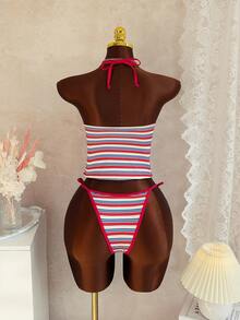 Swim Mod Women's Striped Halter V-Neck Thong Tankini Two Pieces Set, Mature And Fashionable For Beach Music Festival - Multicolor - View 2