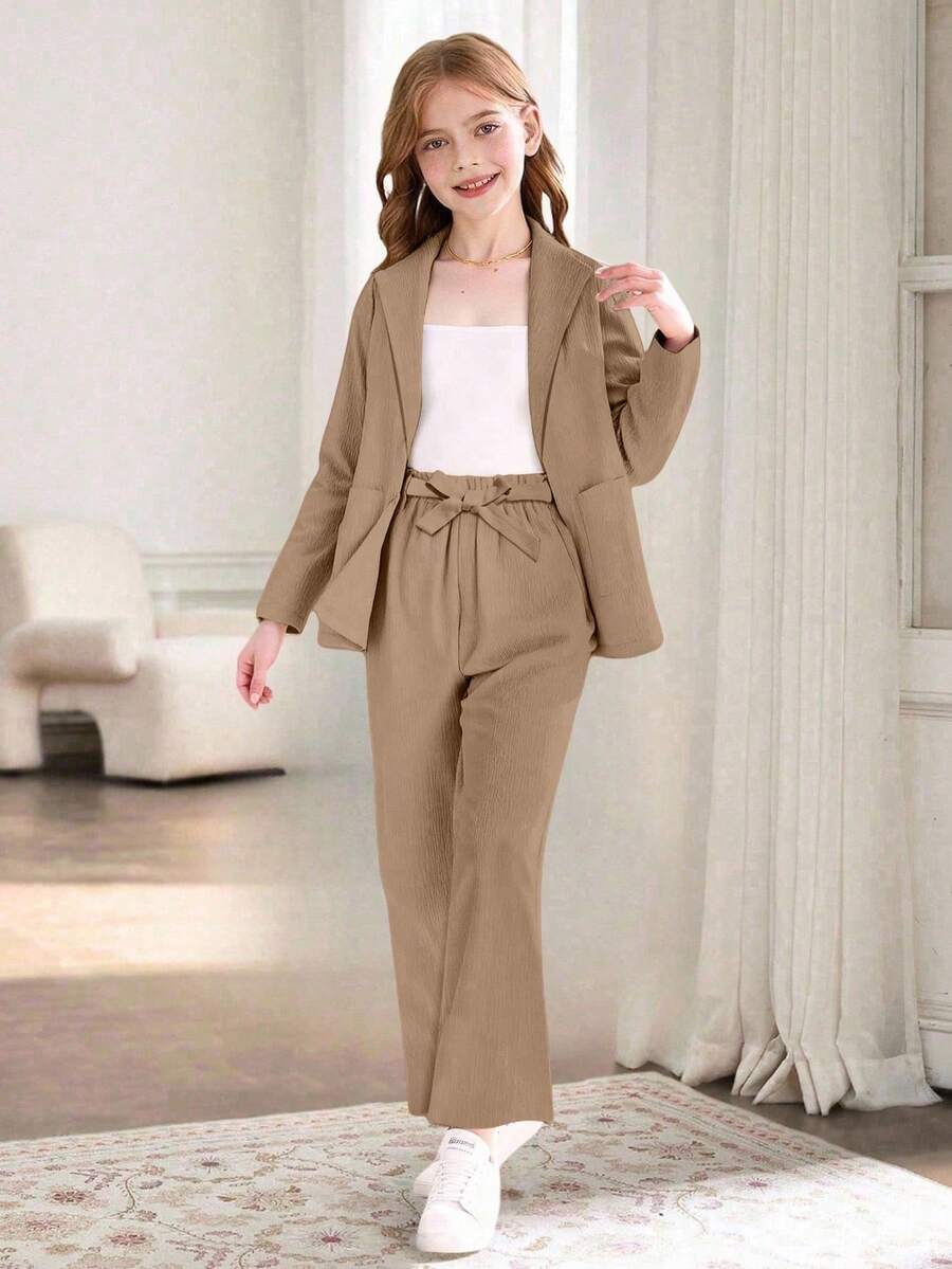 SHEIN 2pcs/Set Girls Casual Khaki Pants And Long Sleeve Jacket, Versatile Daily Wear, Spring/Autumn Fall Winter