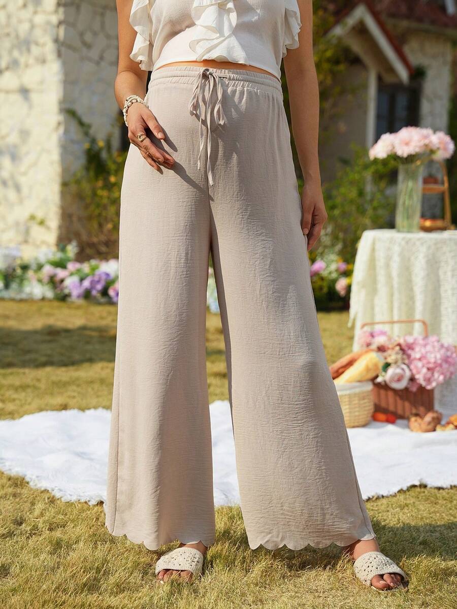 Momance Maternity Waist Tie Hem Embroidered Straight Leg Pants - Apricot - View 1