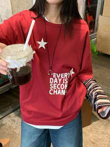 DAZY 女士圆领撞色条纹韩版印花长袖T恤 - 紅色 - 查看 5