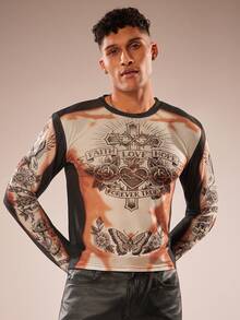 FeverCity Men's Letter & Cross Print Crew Neck Long Sleeve T-Shirt - Multicolor - View 1