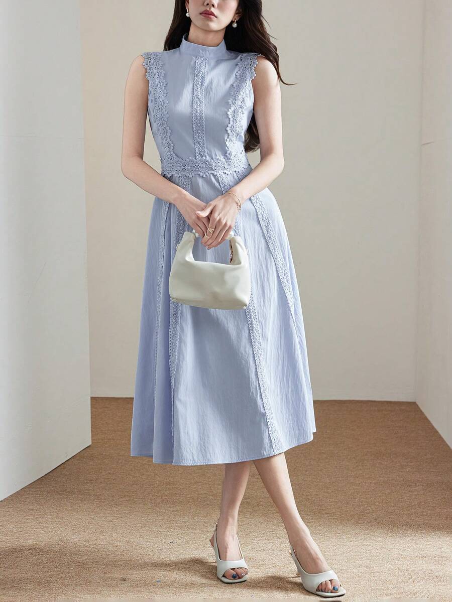 Heiryn Elegant Knitted Tie Collar Sleeveless Dress For Commuting - Baby Blue - View 1