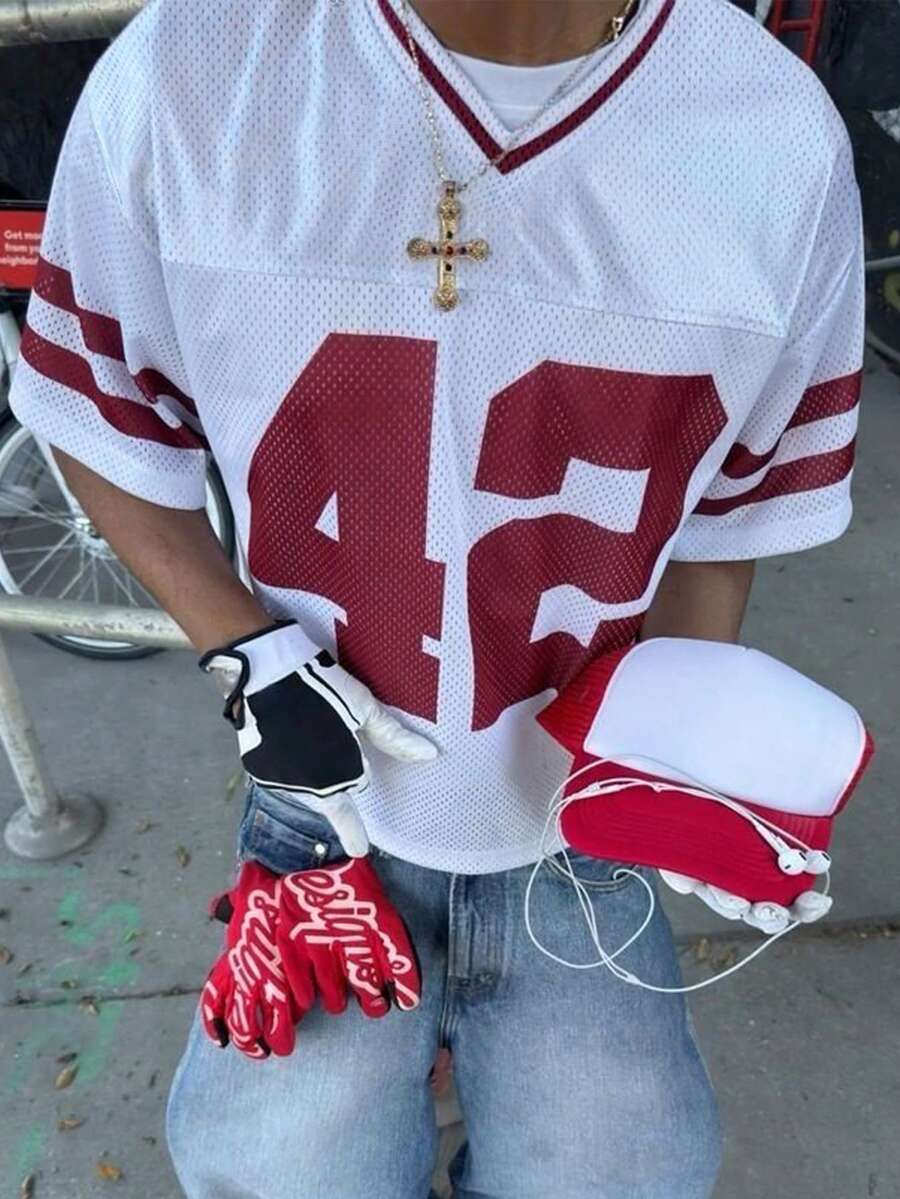 SHEIN Men's Casual Loose Fit V-Neck Short Sleeve T-Shirt With Numeric Print - Multicolor - View 1