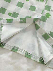 2 pièces Ensemble de pyjama confortable pour jeune garçon avec cardigan col à carreaux verts et blancs, imprimé trèfle, manches longues et pantalon - Vert - Voir 8