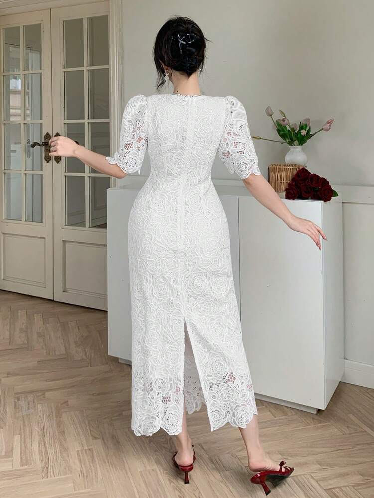 Women's Elegant Lace V-Neck Puff Sleeve White Mid-Length Dress, Summer,Wedding Guest Dress Women Sundress