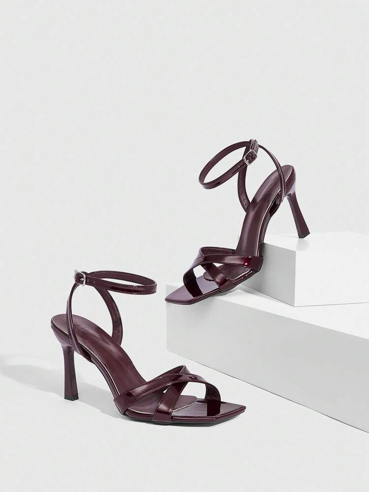 CUCCOO SZL Women Shoes Spring And Summer New Burgundy Mirror Cross Strap Ankle Strap Women's High Heel Sandals Fashion Comfortable Versatile Sexy Party Women's Sandals Women's Shoes