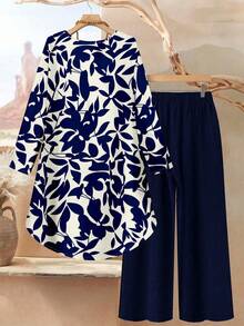 Rusticease 蓝白花卉叶子印花加大码女式优雅休闲宽松长袖上衣和裤子两件套，适合春夏穿着 - 彩色 - 查看 2