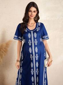 SHEIN Elegant Vintage Print Maternity Dress, Summer - Navy Blue - View 6